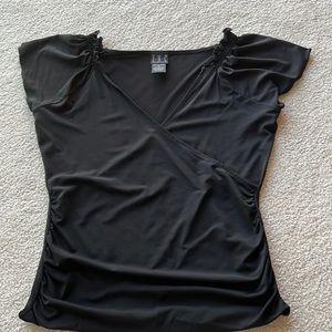 Faux wrap black top with cap sleeves, medium